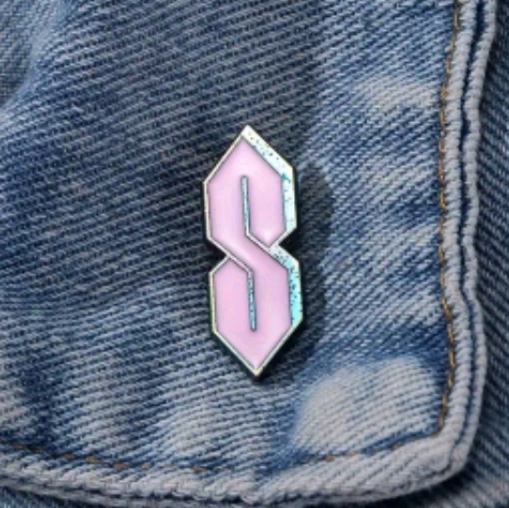 Pink Enamel Pin on Denim